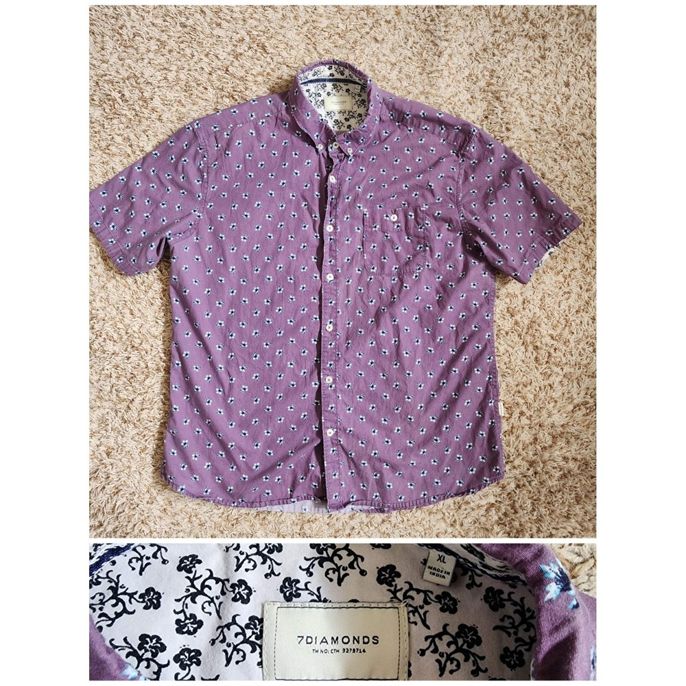 7 Diamonds Purple Floral Pattern Men Sz XL Oxford Short Sleeve Button Up Shirt